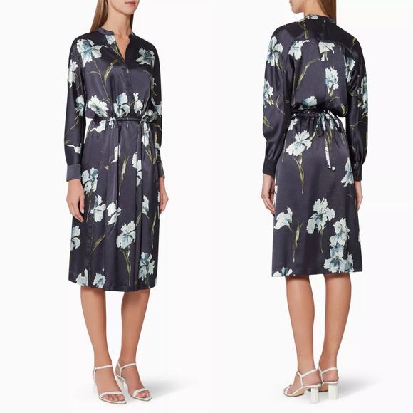 Vince Iris Print Long Sleeve Faux Wrap Midi Dress Navy Blue Floral Satin Small - Picture 1 of 9